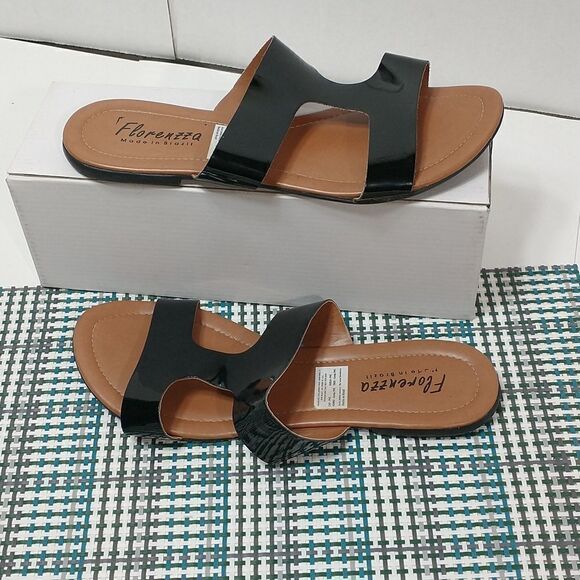 Florenzza Womens T-Strap Sandals Black Flat Heel Brazil EUR 41 US 10 - Picture 2 of 7
